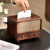 异丽中古风实木藤编纸巾盒桌面收纳盒装 饰摆件客厅卧室抽屉抽纸盒