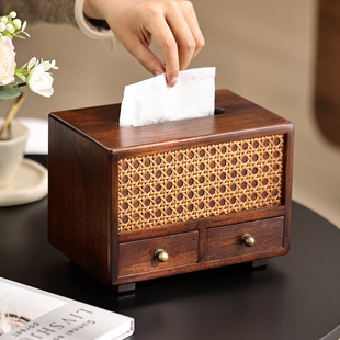 异丽中古风实木藤编纸巾盒桌面收纳盒装饰摆件客厅卧室抽屉抽纸盒