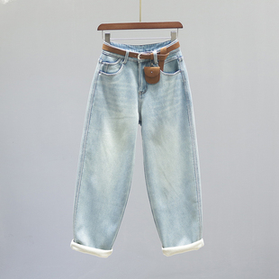 复古浅蓝色高腰哈伦牛仔裤 女2025秋冬加绒加厚宽松休闲老爹萝卜裤