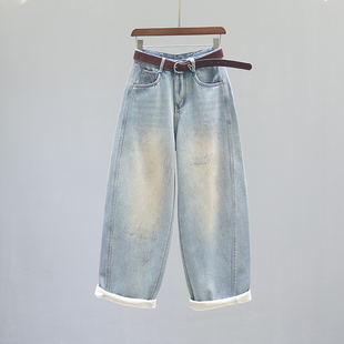 复古高腰老爹弯刀牛仔裤 子 女2025秋冬加绒加厚宽松休闲阔腿镰刀裤