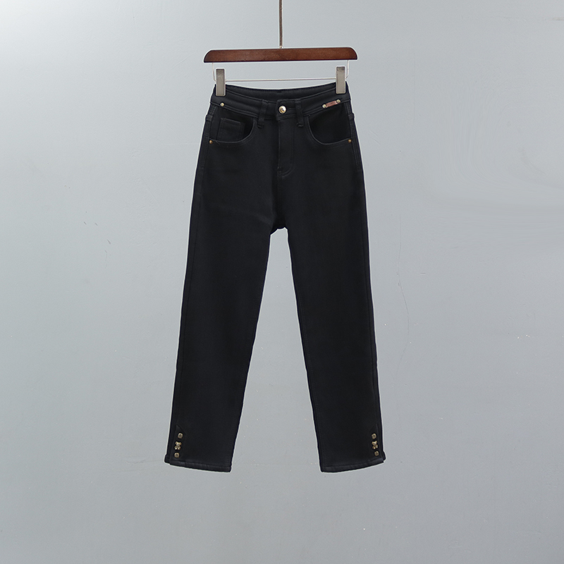 直筒牛仔裤2025冬黑色加绒烟管裤