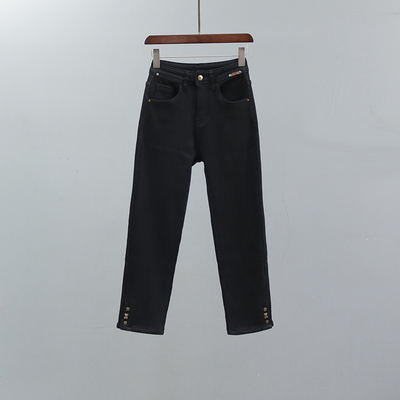 直筒牛仔裤2025冬黑色加绒烟管裤