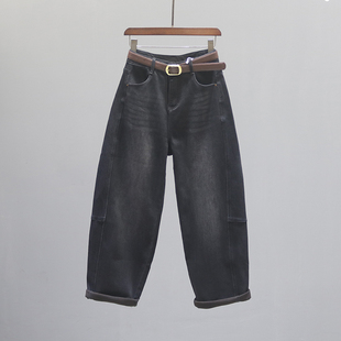 薄绒宽松休闲阔腿老爹香蕉裤 黑灰色高腰弯刀牛仔裤 女2025秋冬新款