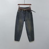 子 抓毛薄绒复古宽松休闲老爹萝卜裤 高腰哈伦牛仔裤 女2025秋冬新款