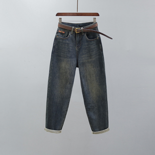 子 抓毛薄绒复古宽松休闲老爹萝卜裤 高腰哈伦牛仔裤 女2025秋冬新款