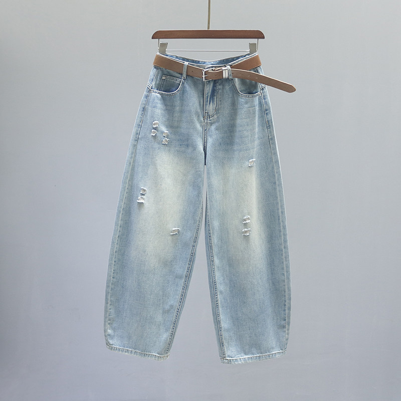 高腰破洞弯刀牛仔裤女2026春夏复古百搭宽松休闲浅蓝色阔腿香蕉裤