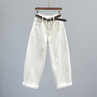 杏色高腰弯刀牛仔裤 子 女2025秋冬加绒加厚宽松休闲老爹阔腿香蕉裤