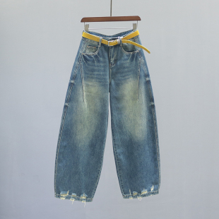 子 磨破做旧宽松休闲老爹镰刀裤 复古高腰弯刀牛仔裤 女2026春秋新款