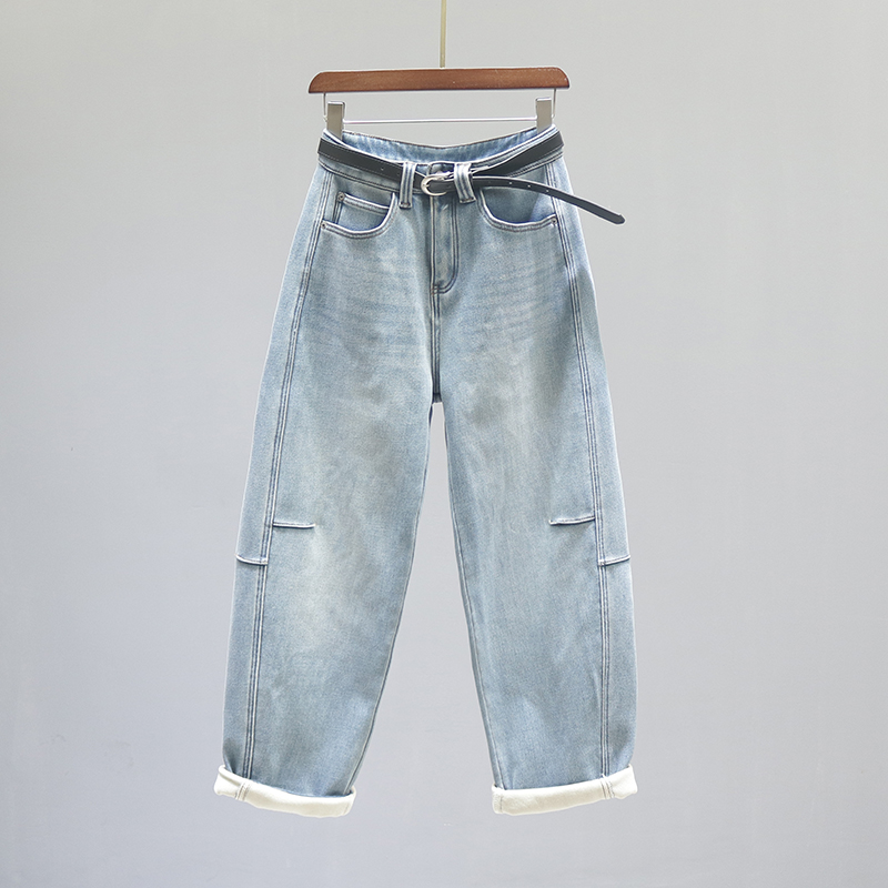 复古浅蓝色高腰老爹弯刀牛仔裤女2025秋冬加绒加厚宽松阔腿萝卜裤