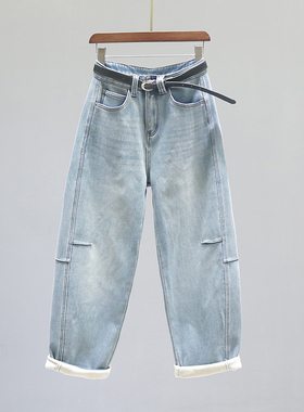 复古浅蓝色高腰老爹弯刀牛仔裤女2025秋冬加绒加厚宽松阔腿萝卜裤