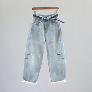 复古浅蓝色高腰老爹弯刀牛仔裤 女2025秋冬加绒加厚宽松阔腿萝卜裤