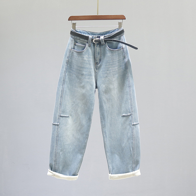 复古浅蓝色高腰老爹弯刀牛仔裤女