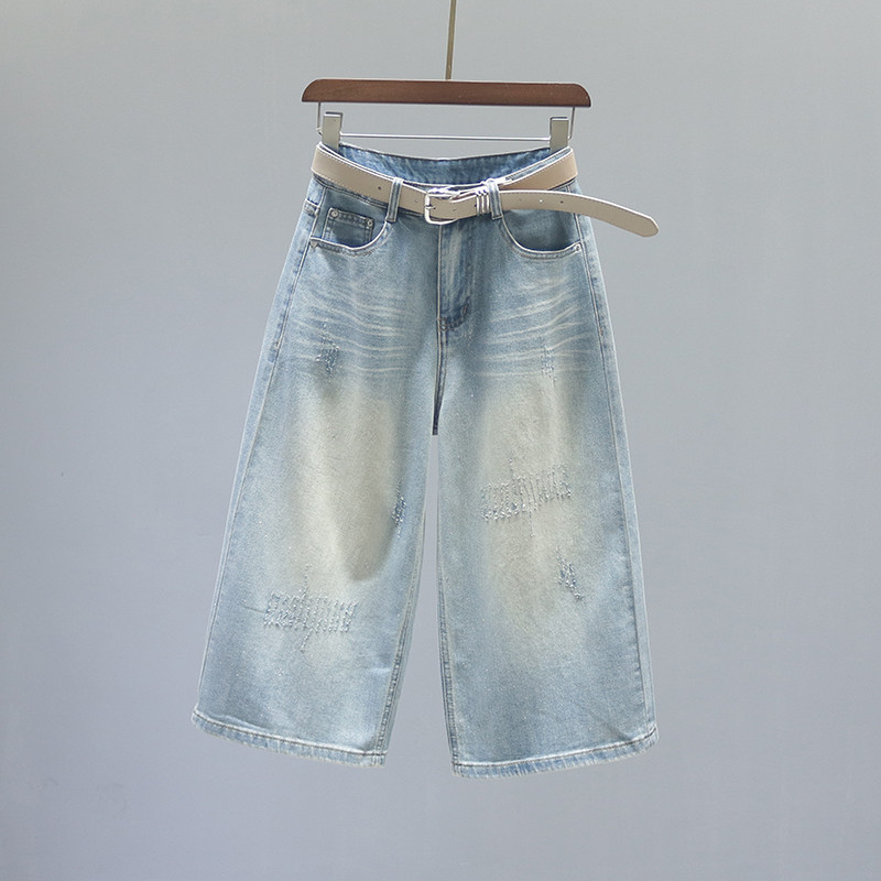 复古高腰直筒牛仔裤女2026春夏新款浅蓝色百搭宽松休闲七分阔腿裤