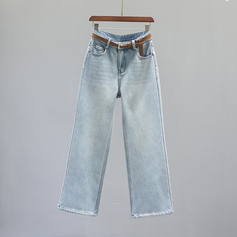 复古浅蓝色高腰直筒微喇牛仔裤女