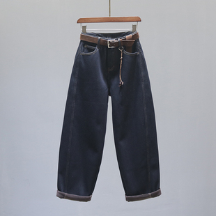 女深蓝色加绒加厚宽松休闲弯刀哈伦裤 2025秋冬新款 高腰老爹牛仔裤