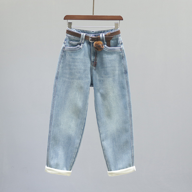 复古浅色高腰哈伦牛仔裤女萝卜裤