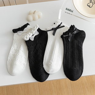 蝴蝶结花边袜子女纯棉船袜春夏薄款 好看 低帮浮雕短袜女生配小皮鞋