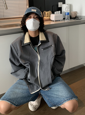 UPDAYWANG 秋季复古情侣夹克 潮流宽松短款拼接外套男 美式夹克衫