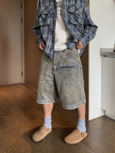 磨破多口袋五分裤 UPDAYWANG夏季 脏脏裤 复古做旧宽松直筒 优选