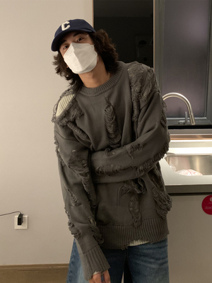 UPDAYWANG破烂圆领毛衣男