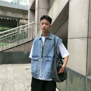 Little mọt sách ~ Bộ dụng cụ denim Nhật Bản đôi vest retro hoang dã đầu thu mới áo khoác denim không tay - Dệt kim Vest