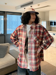 UPDAYWANG拼接格子百搭街头长袖衬衫男 复古美式宽松情侣衬衣潮