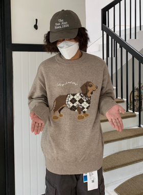 UPDAYWANG圆领小狗针织复古毛衣 打底个性小众可爱毛线衣 针织衫