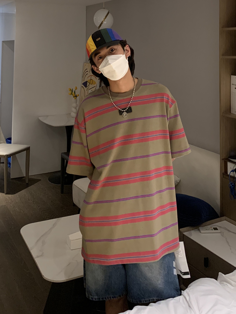 UPDAYWANG条纹复古小众情侣短袖T恤日系男t恤衫街头百搭男半袖