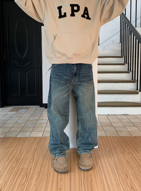 UPDAYWANG复古感基础 猫须纹路 多手工自然水洗蓝色牛仔裤男