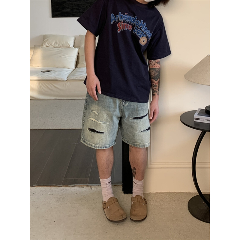 UPDAYWANG店主自留 直筒破洞补丁男女牛仔短裤复古美式宽松中裤潮