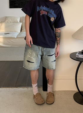 UPDAYWANG店主自留 直筒破洞补丁男女牛仔短裤复古美式宽松中裤潮