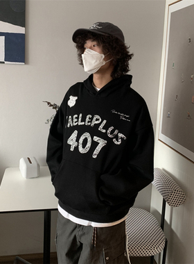 UPDAYWANG新品 基础款字母印花连帽男卫衣 美式复古情侣卫衣潮