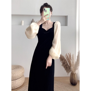 高腰显瘦方领丝 韩式 精美赫本风小黑裙女秋冬法式 复古灯笼袖 中长款