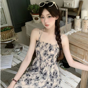 韩式 连衣裙2025收腰显瘦别致玫瑰碎花裙海边度 精美设计感夏季 无袖