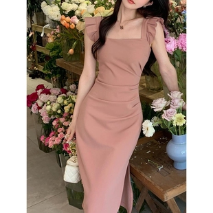 精美飞飞袖 新款 韩式 连衣裙女夏季 开叉 法式 小众方领收腰显瘦中长款