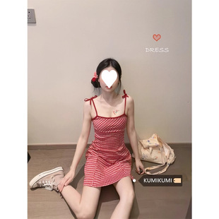 精美甜酷系帶疊穿裙子胖MM夏日新款 韓式 紅色格紋吊帶連衣裙純色短
