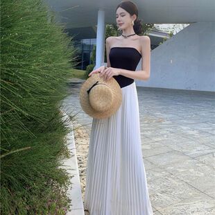 韩式 海边度假沙 精美黑白拼接抹胸一字肩百褶连衣裙女夏季 2025新款