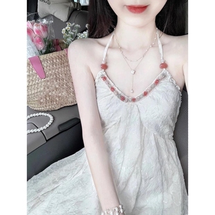 韩式 露背裙子感白色 精美纯欲风挂脖雪纺连衣裙女夏季 海边度假法式