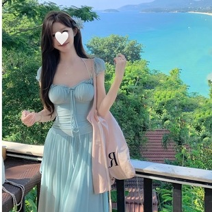 精美法式 韩式 海边度假风气质收腰长裙网纱设计感显瘦温柔方领薄荷