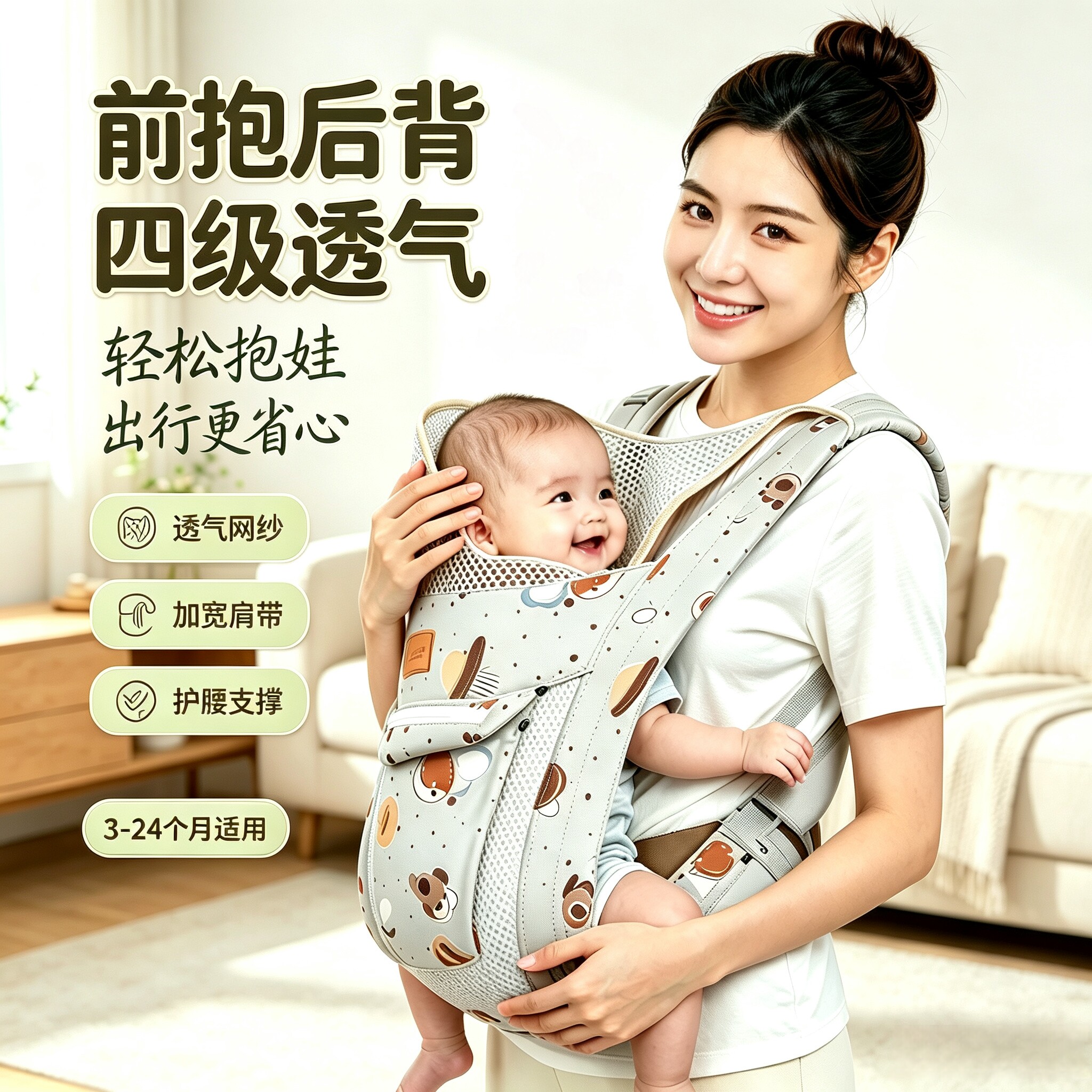 婴儿背带双肩前抱式透气新生儿抱娃神器解放双手外出背带3-24个月