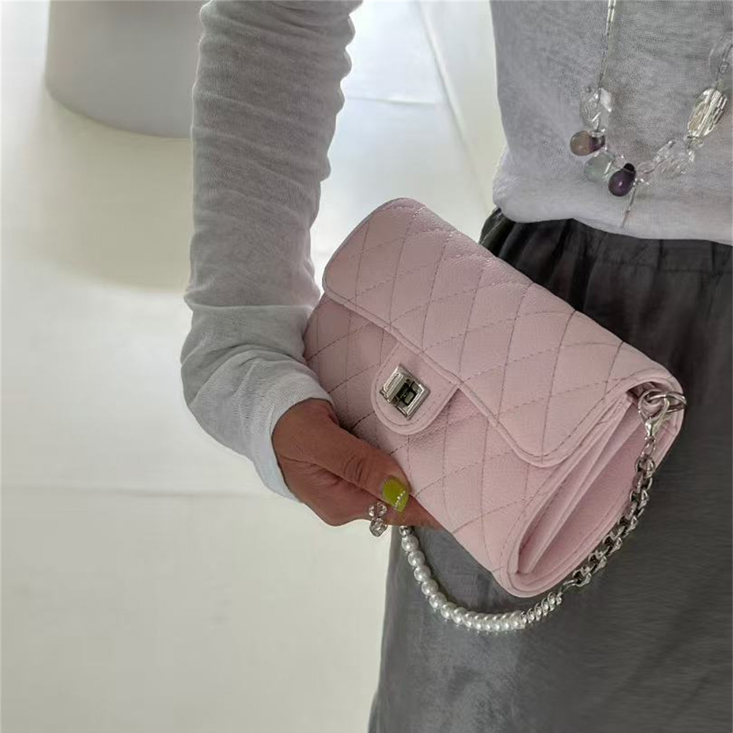 2026新款日韩风菱格小方包女单肩斜挎包百搭链条包浅粉色