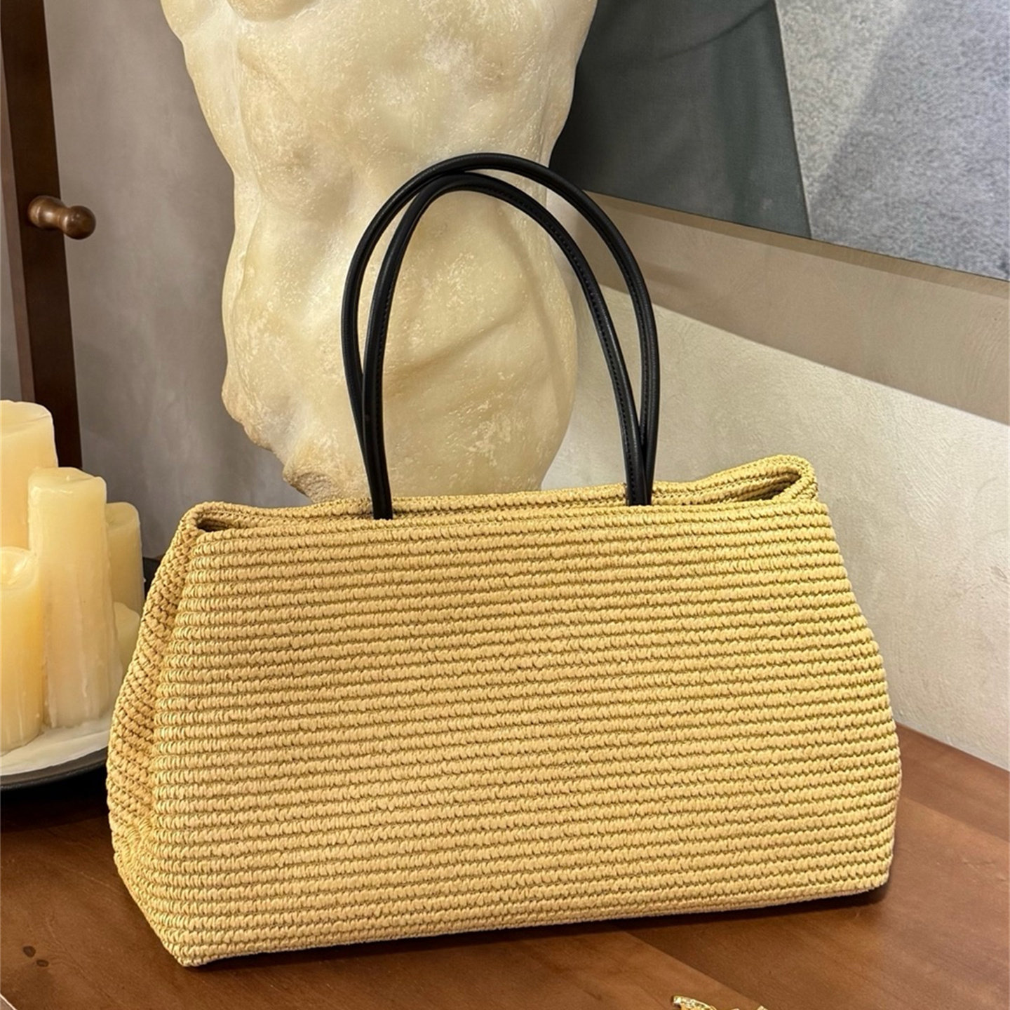 2026新款草编包女手提托特包大容量度假风编织包黄色单肩包