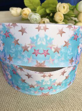 25m---38mm天蓝色星星印花罗纹织带diy发饰材料优质包装礼品丝带