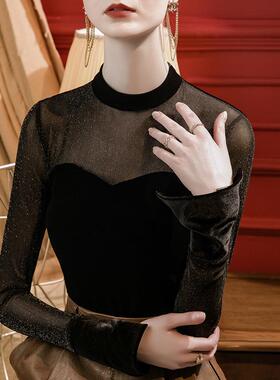 小立亮丝纱拼领接丝绒小衫女喇叭袖网洋气101536黑色2023款秋季新