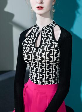 立领100650盘扣衣女2印花修身镂空性感023上春季拼风接内搭纯欲长