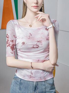 纱印花网2一字领102553恤女五分袖2褶04夏季新款女装中袖皱显瘦上