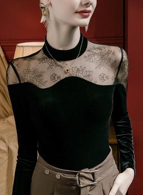 101769丝绒提花丝拼接立领蕾打底衫女修身2023秋季新小款秋众设计