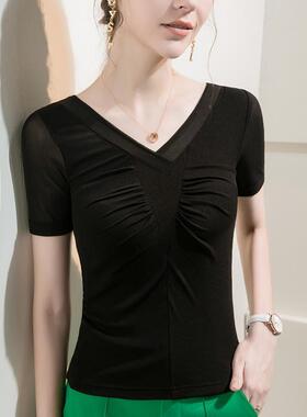 领纱打底衫女袖短修身2023夏新款性感洋气恤季上101019衣夏网装纯