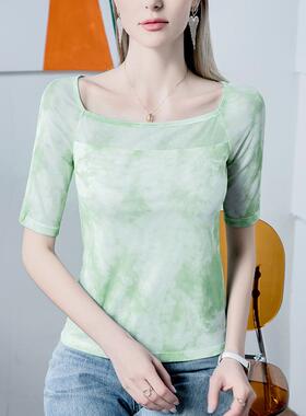 扎染印花方领女网五纱恤102080分2024夏季新袖款性感漏锁骨中袖上