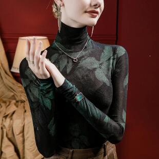 新款 内搭2023季 堆秋领透视 女染修身 扎印101691花堆高领网纱打底衫